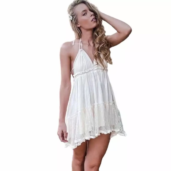 Boho dress beach halter open back lace tie cream womens summer dresses - Picture 4 of 12